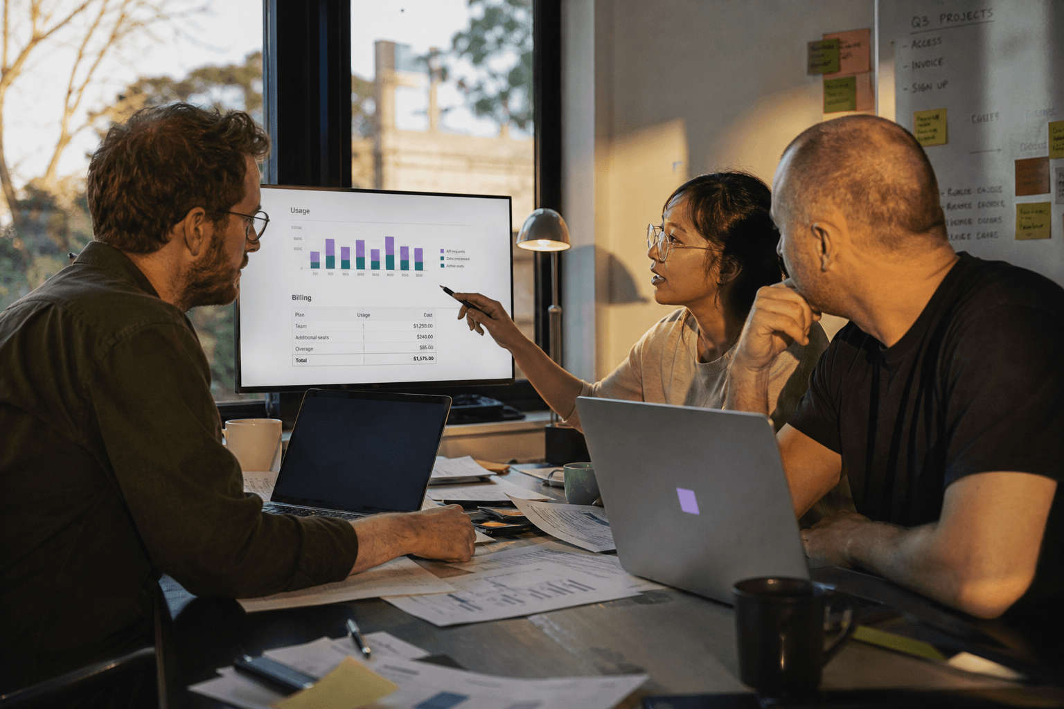 Three colleagues gathered around a desk in warm golden light, discussing data shown on a shared monitor with printed reports and sticky notes nearby.