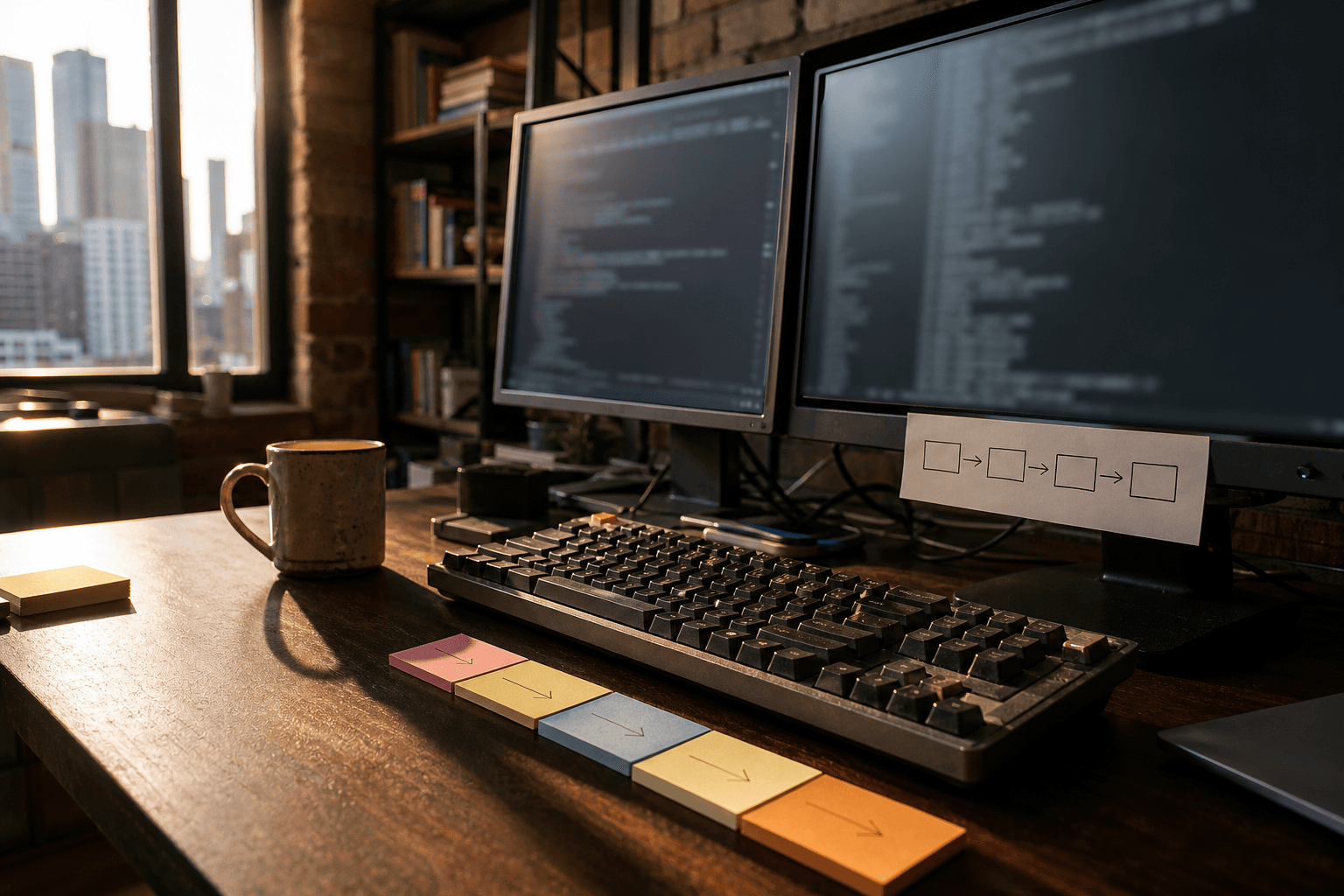 A developer's desk in a warm afternoon-lit Australian office, featuring a worn mechanical keyboard, colour-coded sticky notes in a linear sequence, and two out-of-focus monitors showing terminal output, with no person present.