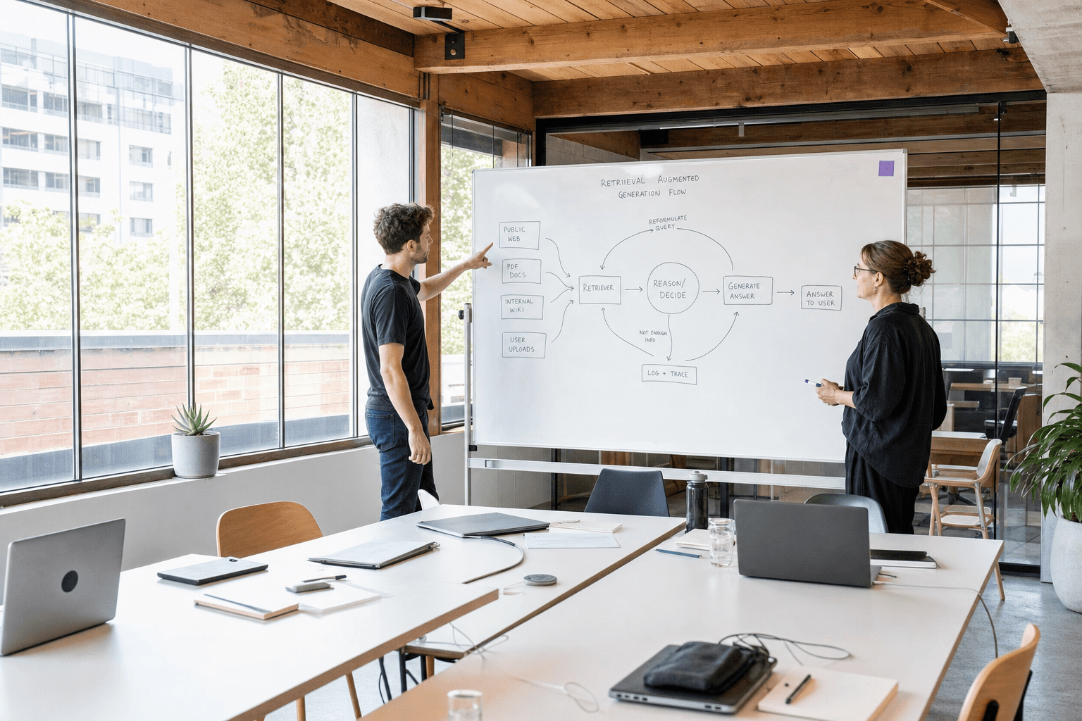 Two engineers stand at a large whiteboard covered in a hand-drawn iterative retrieval-loop diagram in a bright, daylit Australian open-plan tech studio, with laptops and notepads on tables in the foreground.