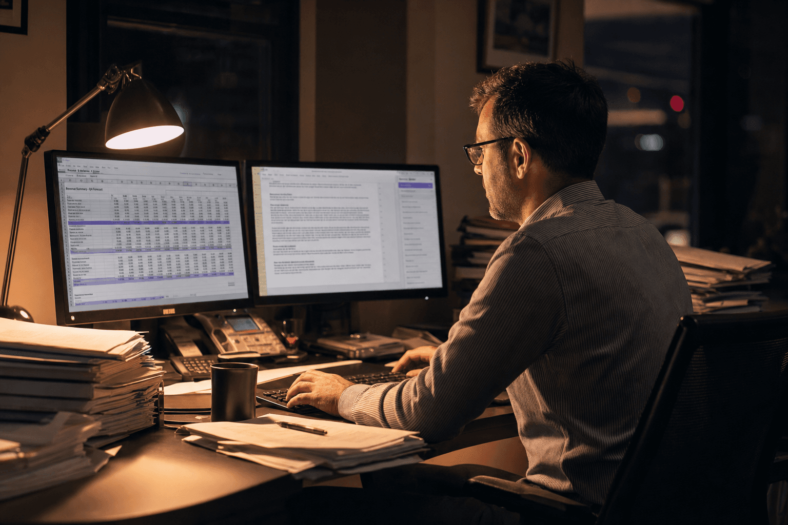 A professional works alone at a dimly lit desk late in the evening, surrounded by paper files and dual monitors, lit by a warm desk lamp and screen glow.