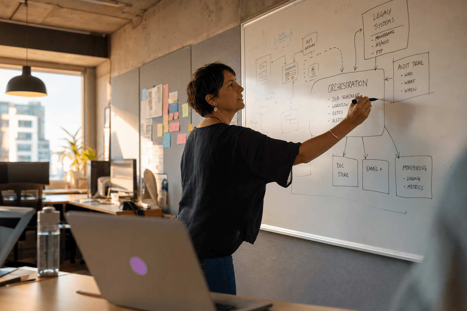 A woman in her mid-30s stands at a whiteboard in an Australian open-plan tech office, photographed in candid side-profile as she reaches forward to draw a system architecture diagram. Golden-hour light from a large window illuminates the whiteboard and her extended arm. The background shows a standing desk, laptop, and sticky-note pinboard in soft focus.