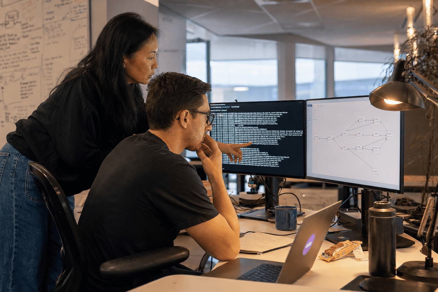 An East Asian female data engineer leans over the shoulder of a seated male developer at a dual-monitor workstation in an Australian office, both focused on terminal output and a workflow node diagram on screen, mid-conversation.