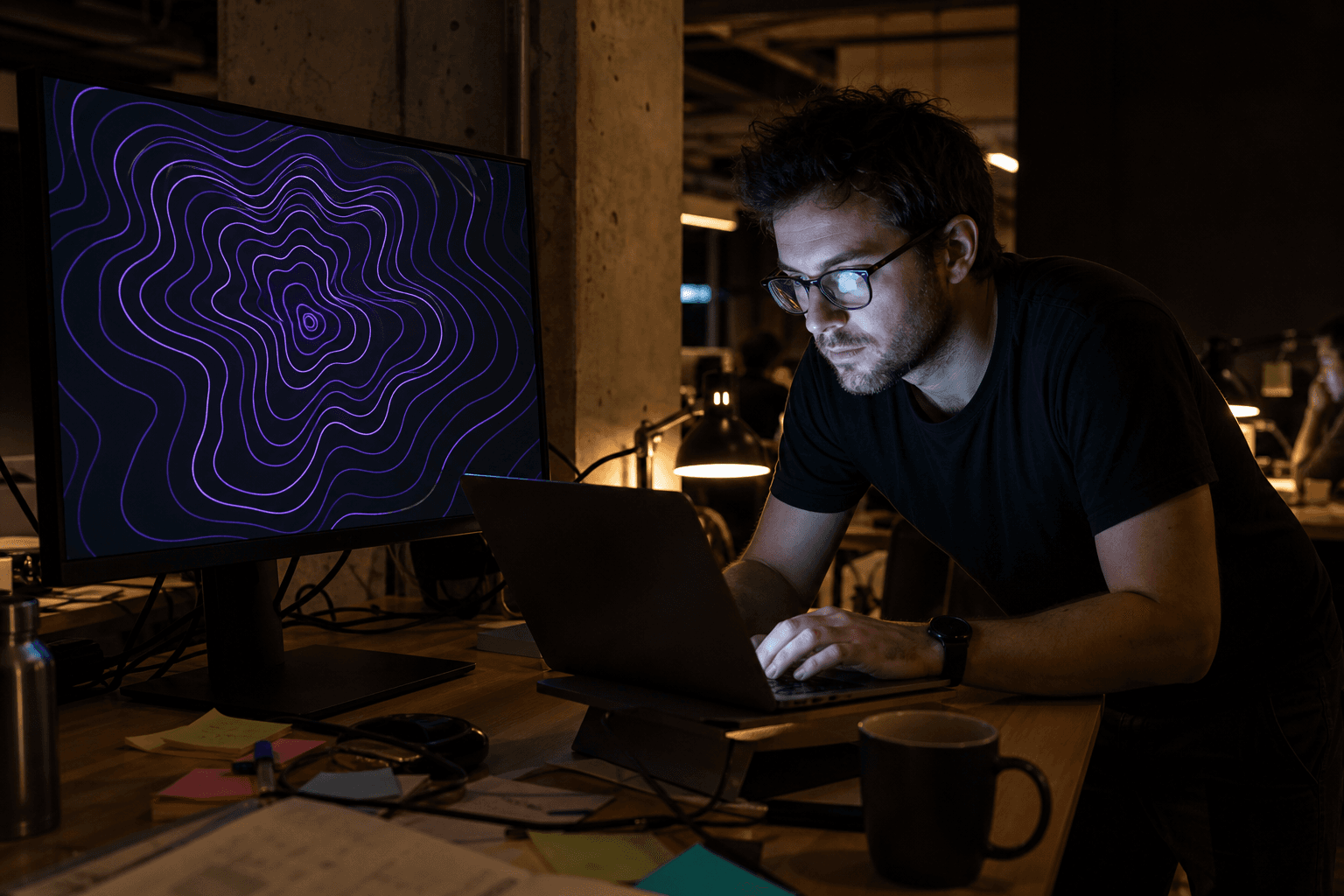 A male data engineer in his thirties leans toward a laptop in a dark Australian tech office, screen glow illuminating his face, while a secondary monitor displays an abstract purple topographic contour-line diagram against a deep black background.