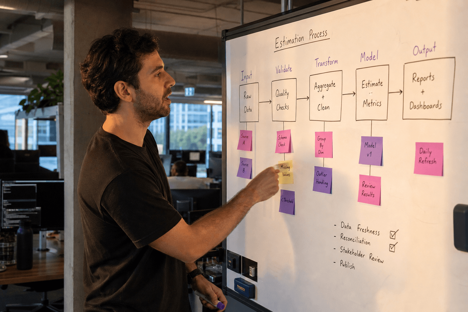 A data engineer caught mid-gesture in side profile, pointing at a hand-drawn workflow diagram on a whiteboard, lit by warm late-afternoon sunlight in an office.