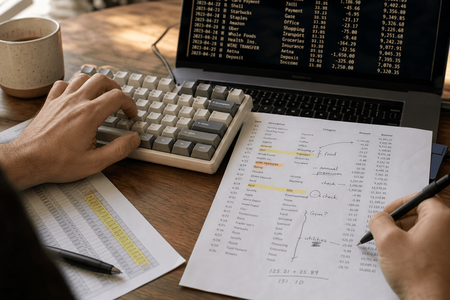 Close-up of hands on a mechanical keyboard and a printed transaction report with handwritten annotations on a bright daylit desk, with a dark terminal screen partially visible at the frame edge.