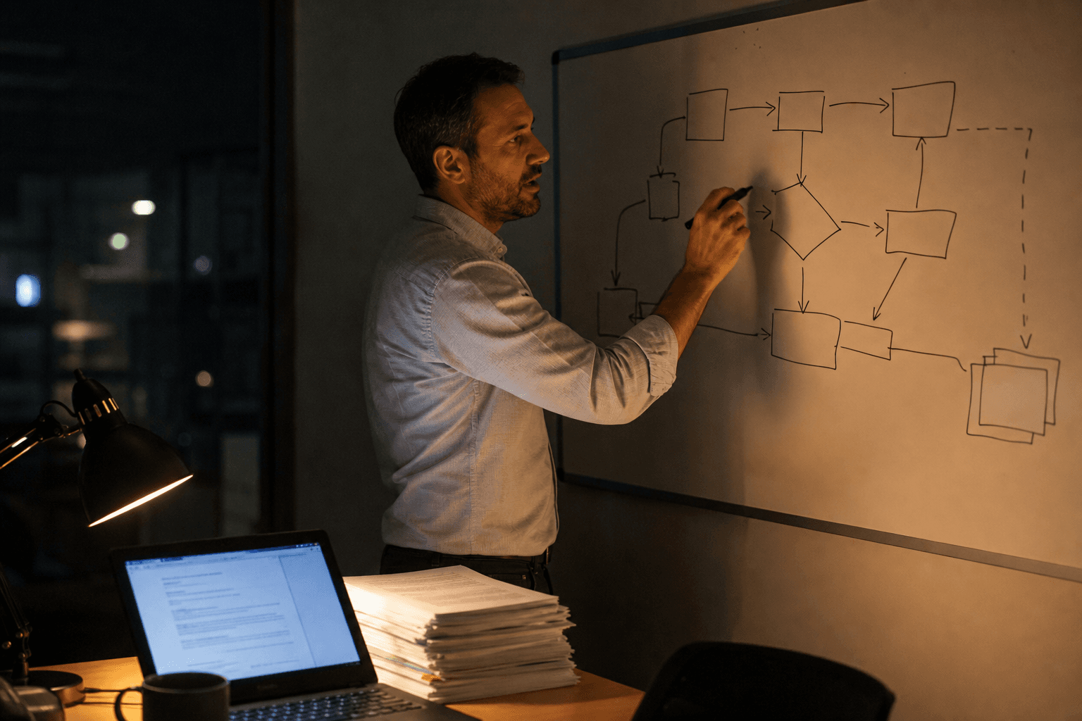 A man in his early 40s draws a compliance workflow diagram on a whiteboard in a darkened meeting room, lit from the side by a warm task lamp and the cool glow of an open laptop, with printed regulatory documents on the table.