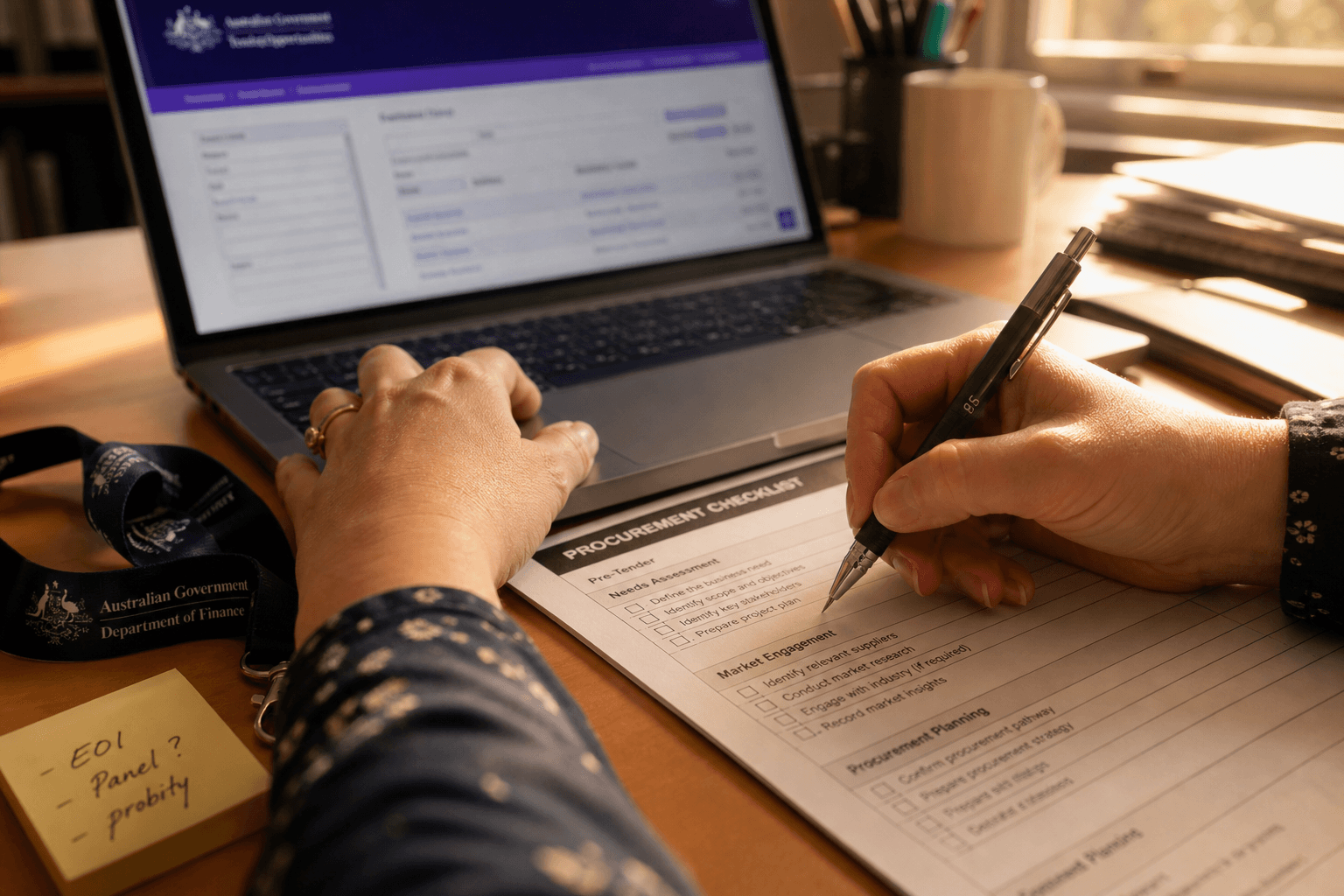 Close-up of a woman's hands at a laptop keyboard, one hand holding a pencil over a printed procurement checklist, with a warm golden-hour light across the desk and a blurred government tender portal visible on the screen behind.