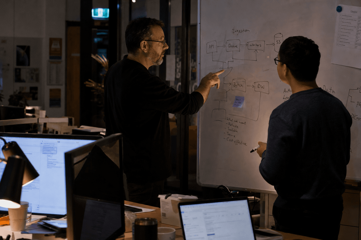 Two engineers review a system architecture diagram sketched on a whiteboard in a dimly lit Australian tech office, their faces illuminated by warm task lamp and nearby screen glow.