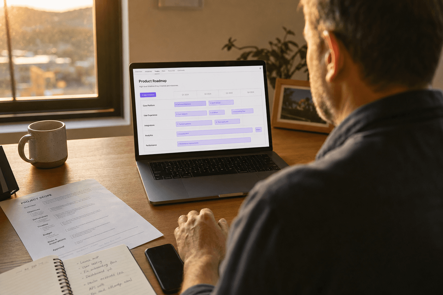 Over-the-shoulder view of a professional reviewing a project roadmap on a laptop screen, warm late-afternoon sunlight from a side window illuminating a tidy desk with printed documents and handwritten notes.
