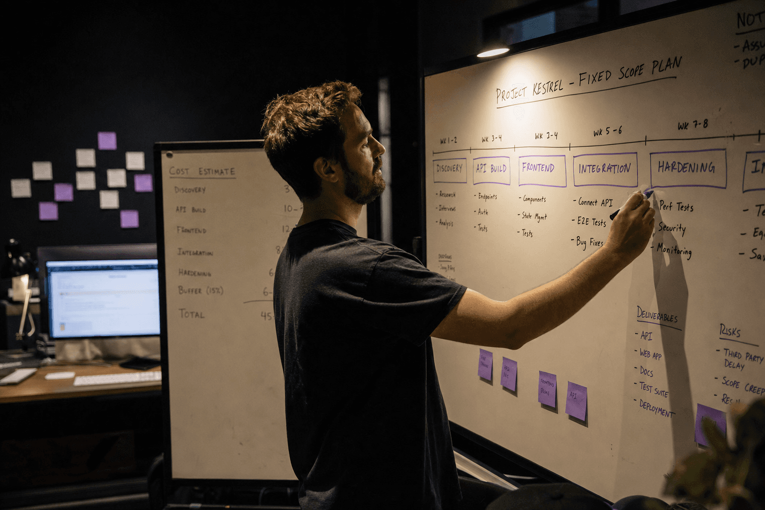 A software engineer writes a fixed-scope milestone timeline on a whiteboard in a dark Australian team room, with layered whiteboards and monitor glow receding into the background.