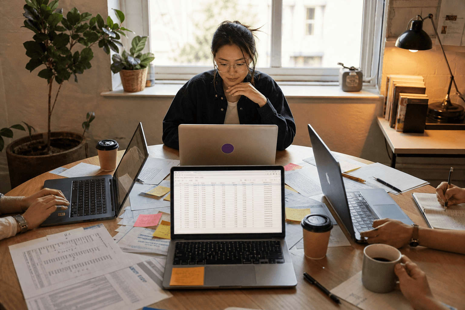 A data engineer sits at a round table with laptops, rate sheets, and sticky notes arranged radially around a glowing central laptop screen in a collaborative Australian office workspace.