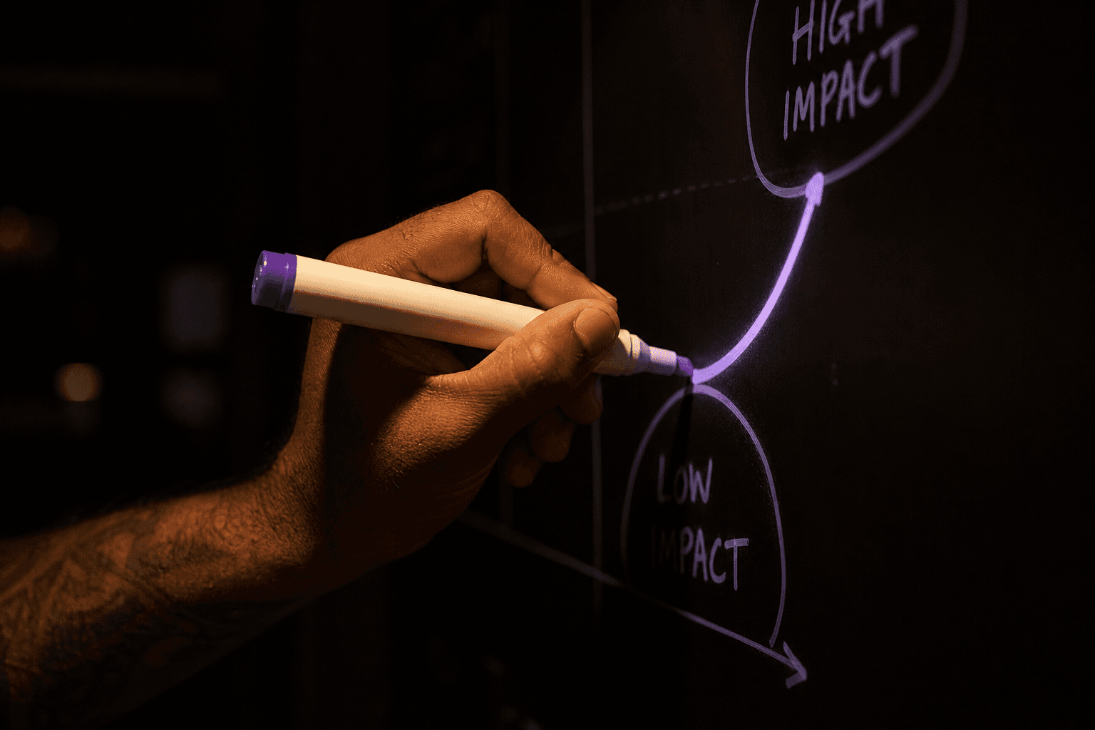 An extreme close-up of a hand drawing a soft violet arc on a whiteboard decision matrix in near-darkness, the marker stroke and fingertips picked out in warm task lamp light against a deeply shadowed office background.