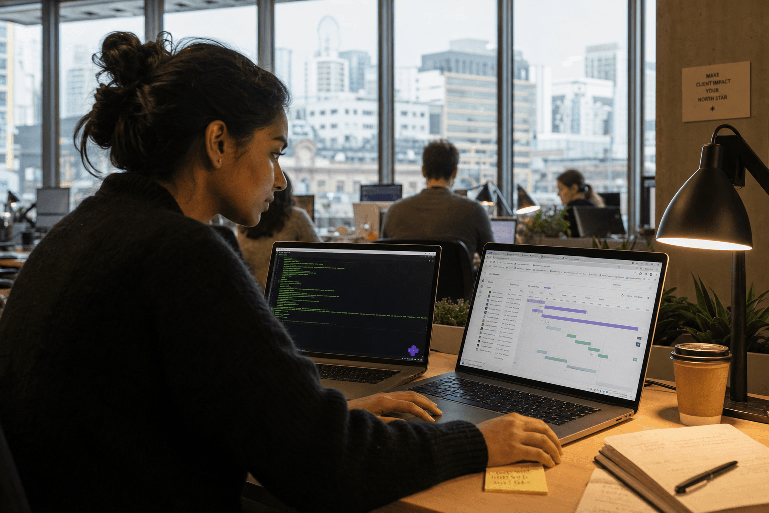 A South Asian female consultant works intently at a hot-desk with two open laptops showing terminal output and a project timeline in a busy Australian open-plan tech office with large windows behind her.