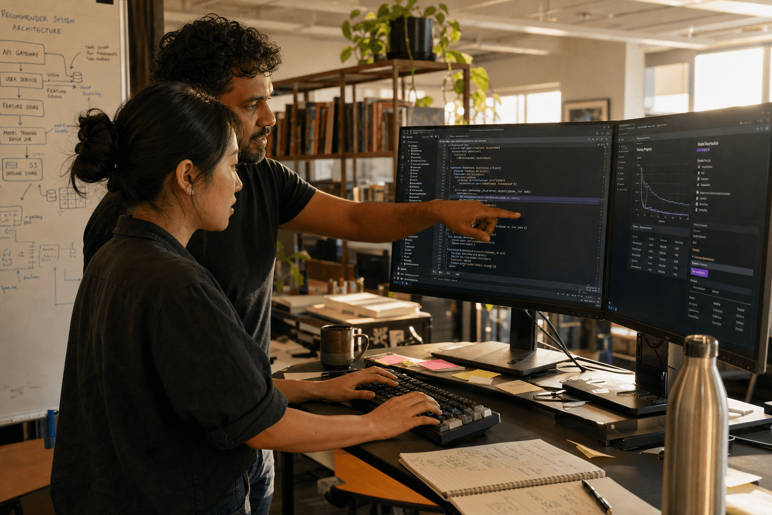 Two engineers pair-programme at a standing desk in an established Australian tech office, one pointing at Python code on a monitor while the other types, with a model training dashboard visible on a second screen.