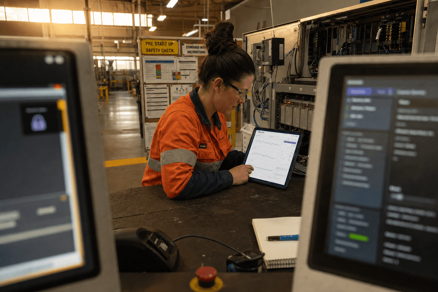 A female maintenance engineer reviews vibration sensor graphs on a tablet beside an open industrial control cabinet, framed between two factory floor monitors in a warmly lit Australian manufacturing facility.