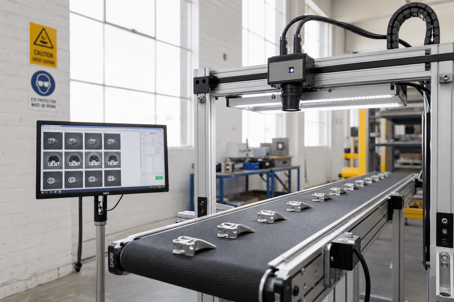 An industrial machine vision camera mounted on a gantry rig points downward at metal components moving along a conveyor belt, lit by bright natural daylight in an Australian light-manufacturing facility.