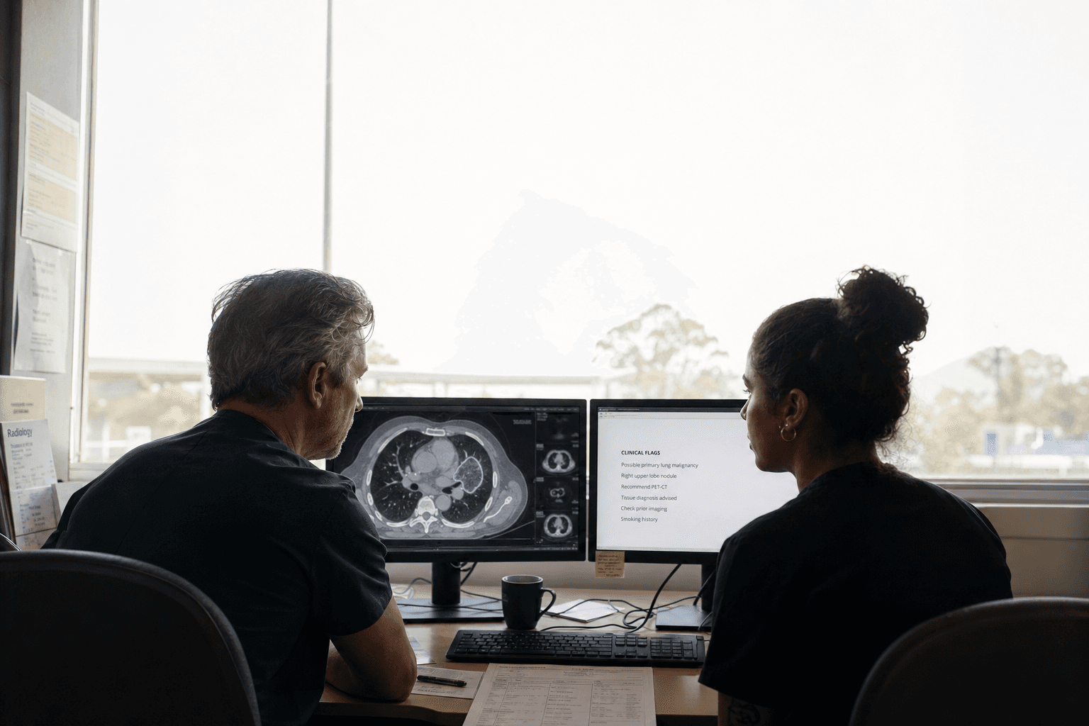 Two clinicians review a greyscale medical scan at a dual-monitor workstation in a bright hospital radiology reading room, with soft morning window light dominating the frame and a subtle violet highlight marking a region of interest on screen.