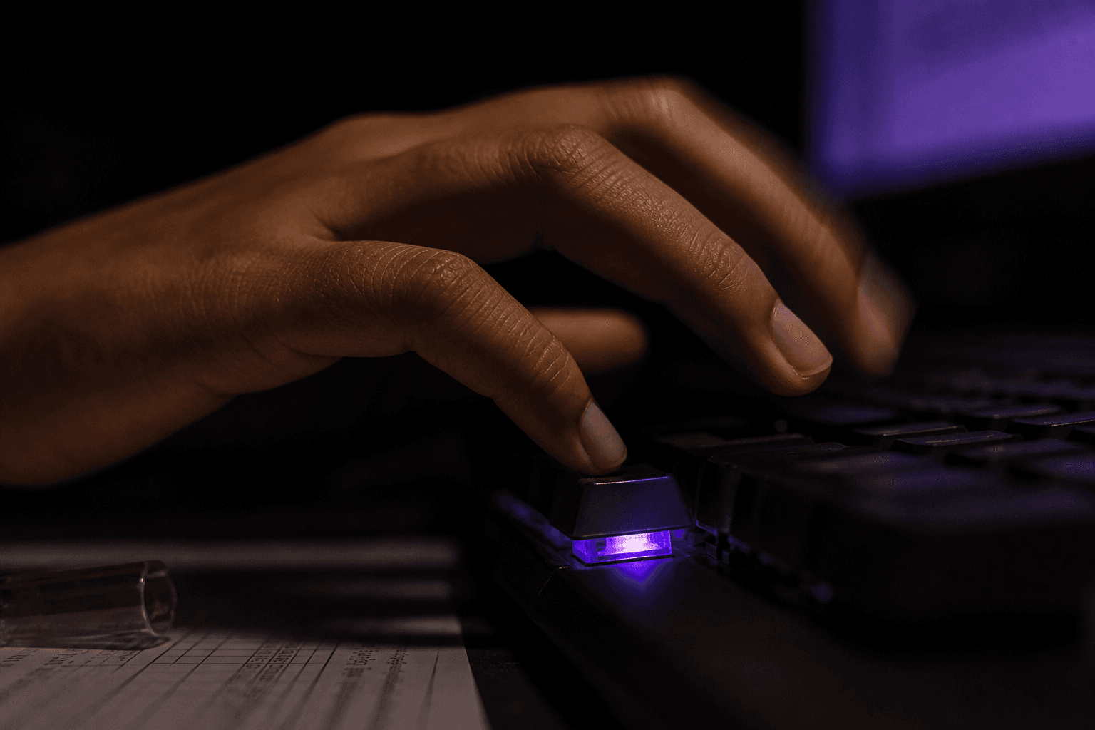 An extreme close-up of a clinician's hand typing on a keyboard in near-darkness, with a faint violet backlight illuminating the keys and a blurred monitor glow in the deep background.