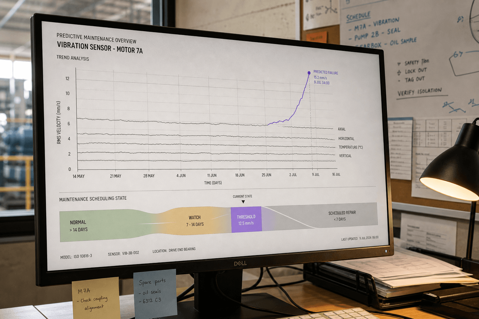 Sparse time-series line chart showing industrial sensor readings with a single violet highlighted data point marking a predicted equipment failure threshold, displayed on a monitor or engineering review sheet in a warm Australian factory office workspace.