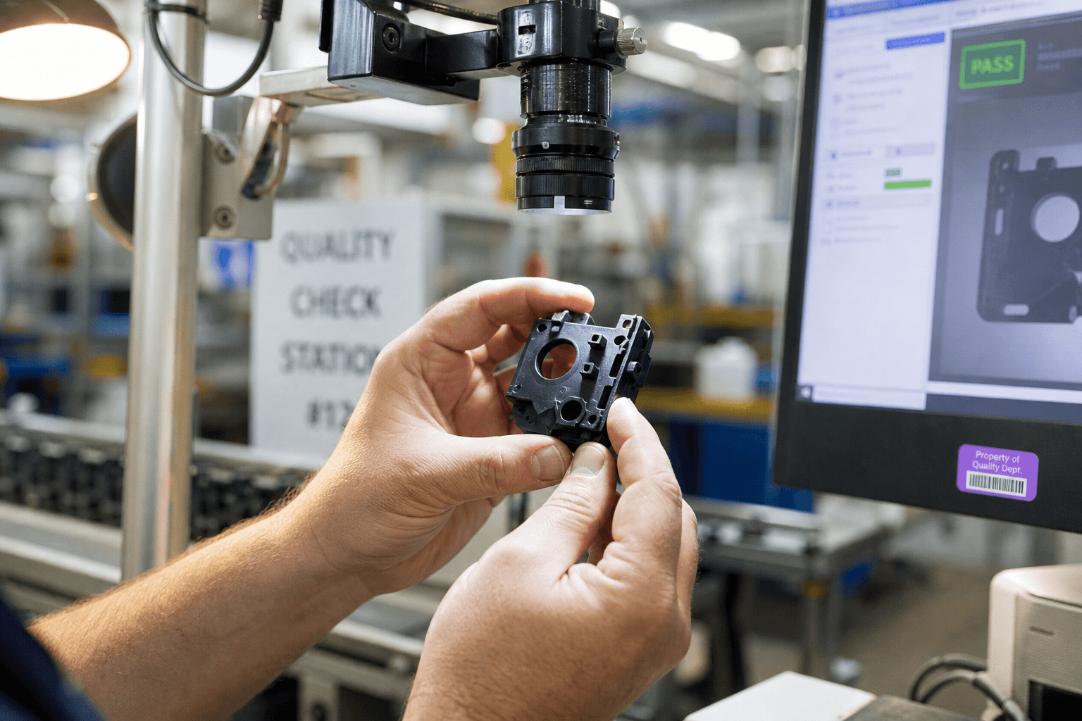 Close-up of a quality engineer's hands holding a small machined metal component near an industrial inspection camera on a manufacturing line, examined under bright natural daylight, with a blurred conveyor and inspection monitor visible in the background.
