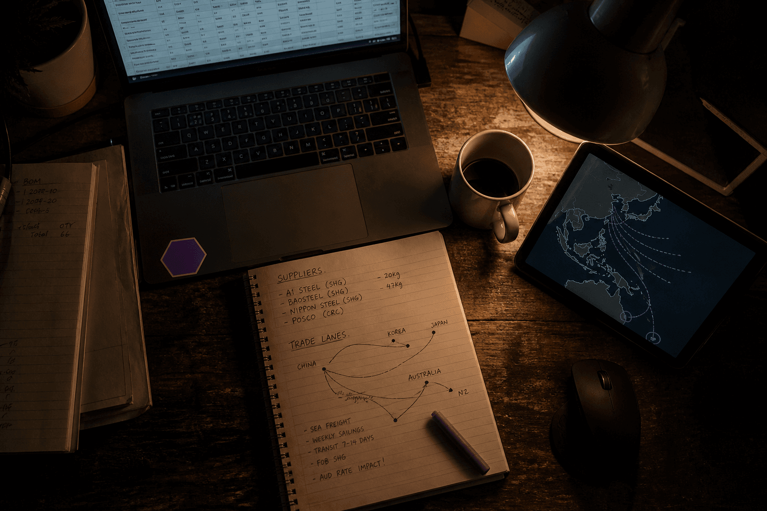 Overhead view of a desk at night showing a laptop, a notebook with handwritten diagrams, a coffee mug, and a small screen glowing with map-like visuals, lit by a warm desk lamp.