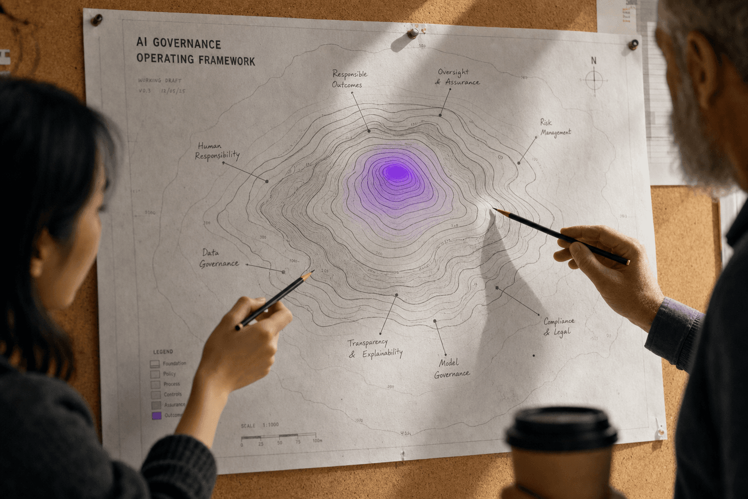 Two people point at different areas of a large topographic contour-map diagram pinned to a corkboard, with concentric rings rising to a bright violet focal point at the centre, in warm mid-key office lighting.