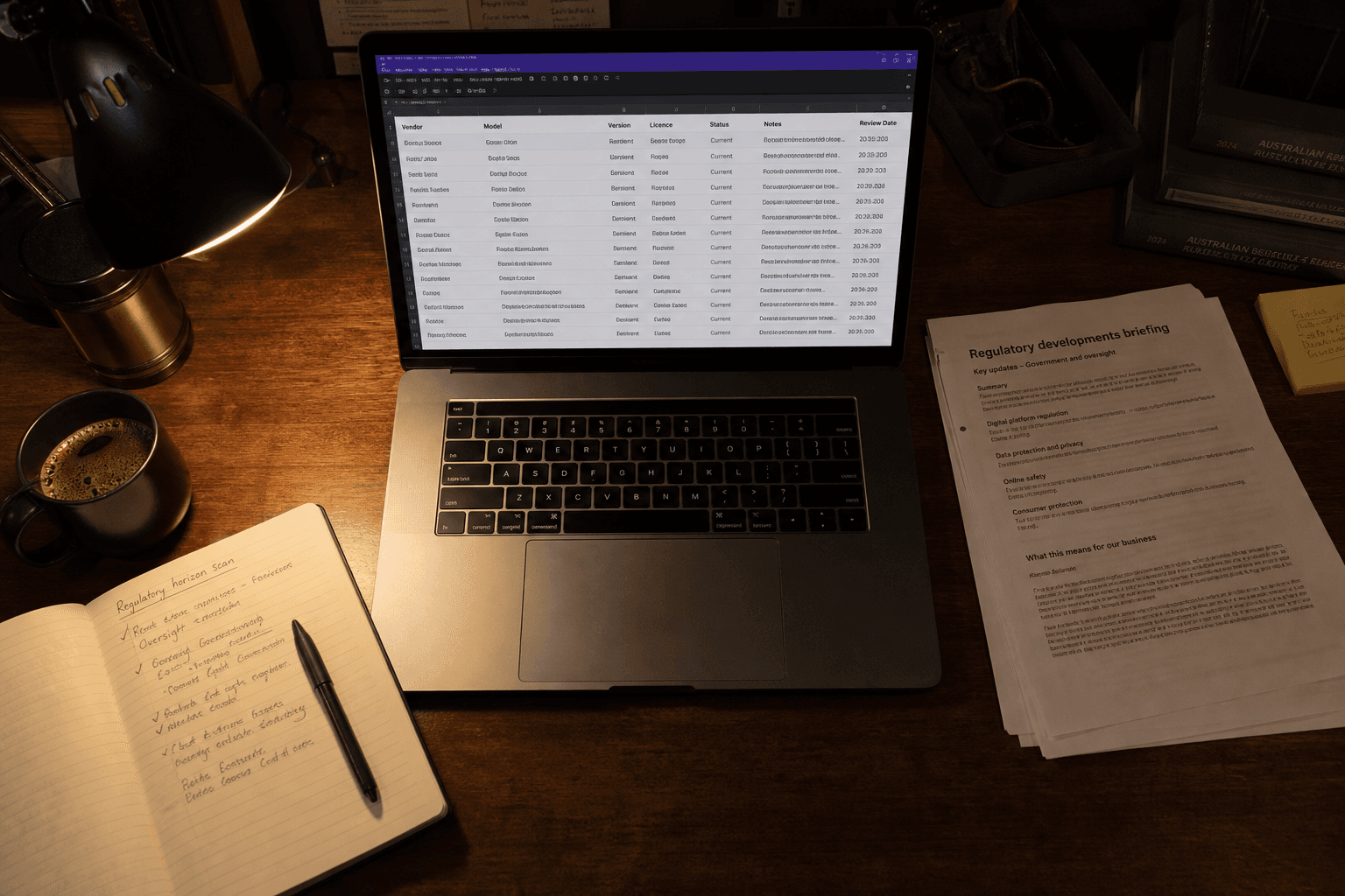 Overhead view of a desk with a laptop, printed regulatory document, coffee mug, and notepad, lit by warm lamp and screen glow in a dim room.