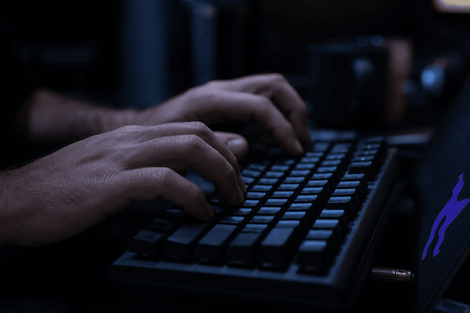 Extreme close-up of a developer's hands typing on a mechanical keyboard, lit by cool screen glow against a dark office background, with a faint violet sticker accent at the edge of frame.