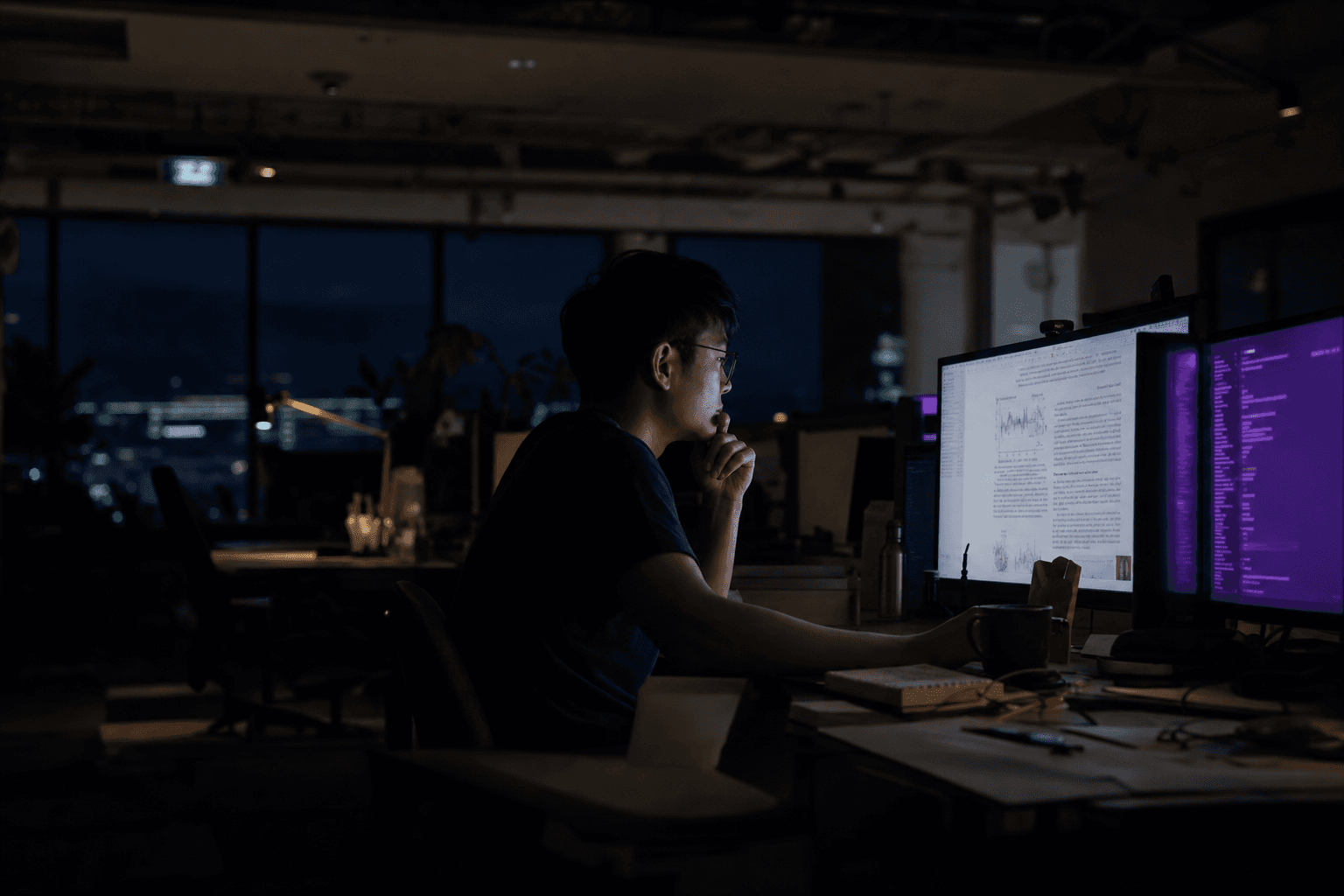 A late-night Australian tech office with layered planes of darkness: a cluttered desk in the foreground, an engineer lit by violet-tinged screen glow in the mid-ground, and a deep shadowy open-plan office receding into a dark background.