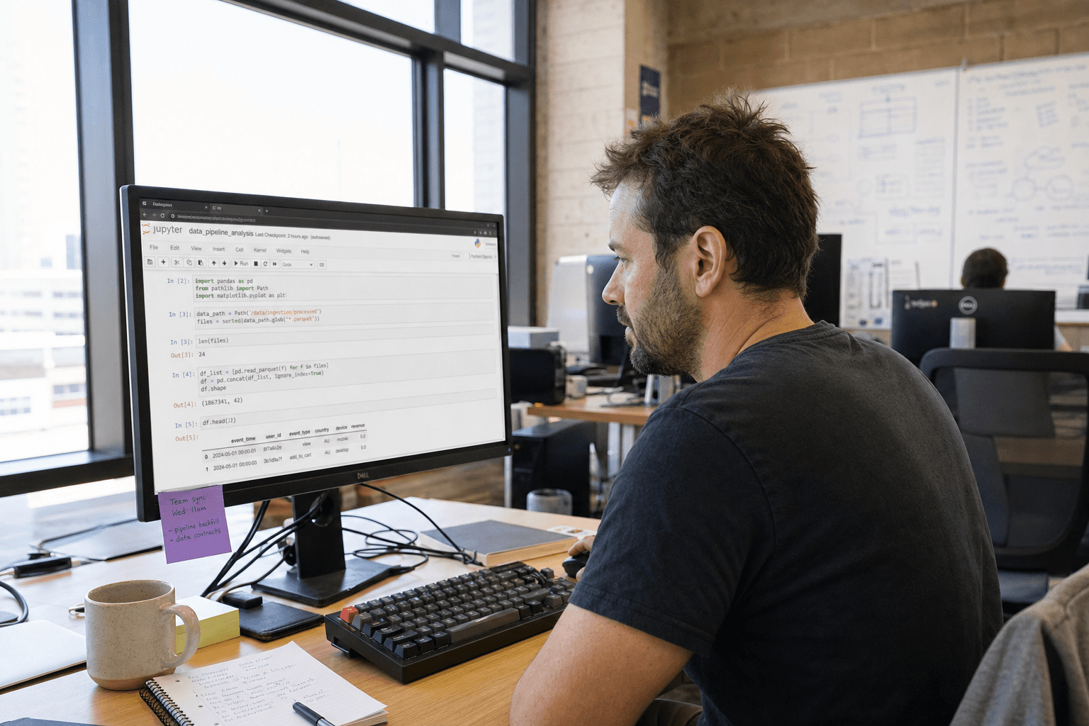 A male data engineer sits at his workstation in a bright, daylit Australian open-plan office, studying a Jupyter notebook on his monitor, with a whiteboard and soft-focus office space visible behind him.