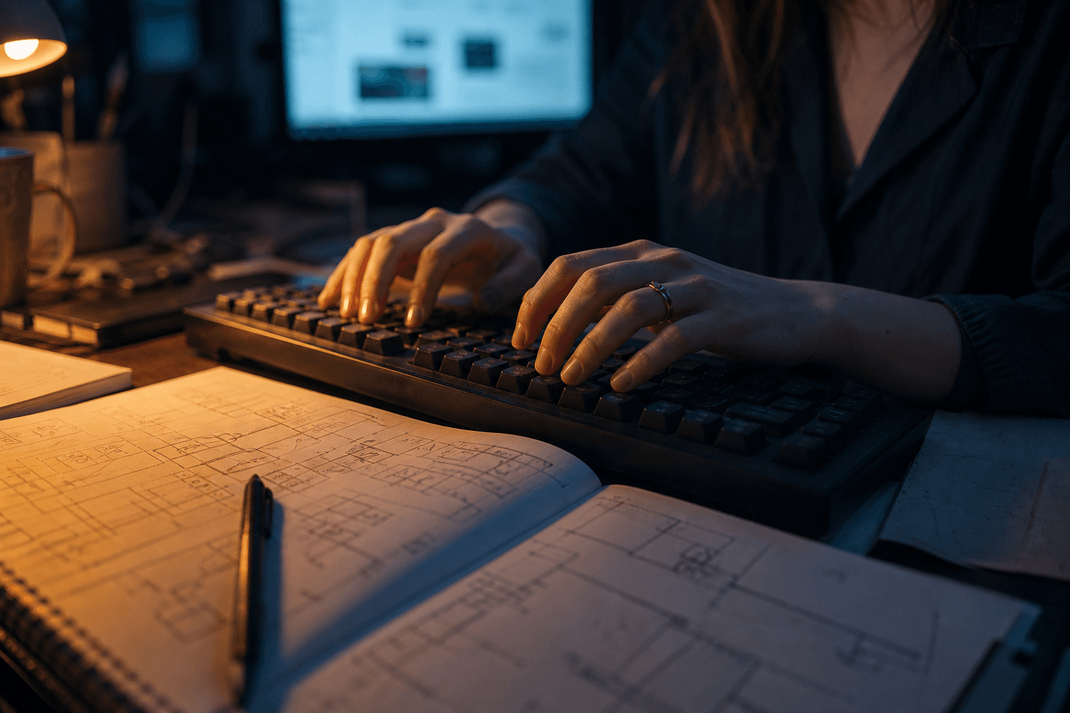 Close-up of a woman's hands typing on a mechanical keyboard, lit by warm task-lamp amber and cool screen glow, with a handwritten system architecture sketch visible on paper beside the keyboard.