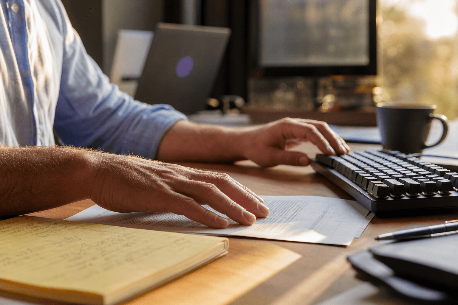 Close-up of a professional's hands resting on a keyboard beside a printed contract document and a handwritten notepad, warm afternoon light raking across a timber office desk with a softly blurred monitor in the background.
