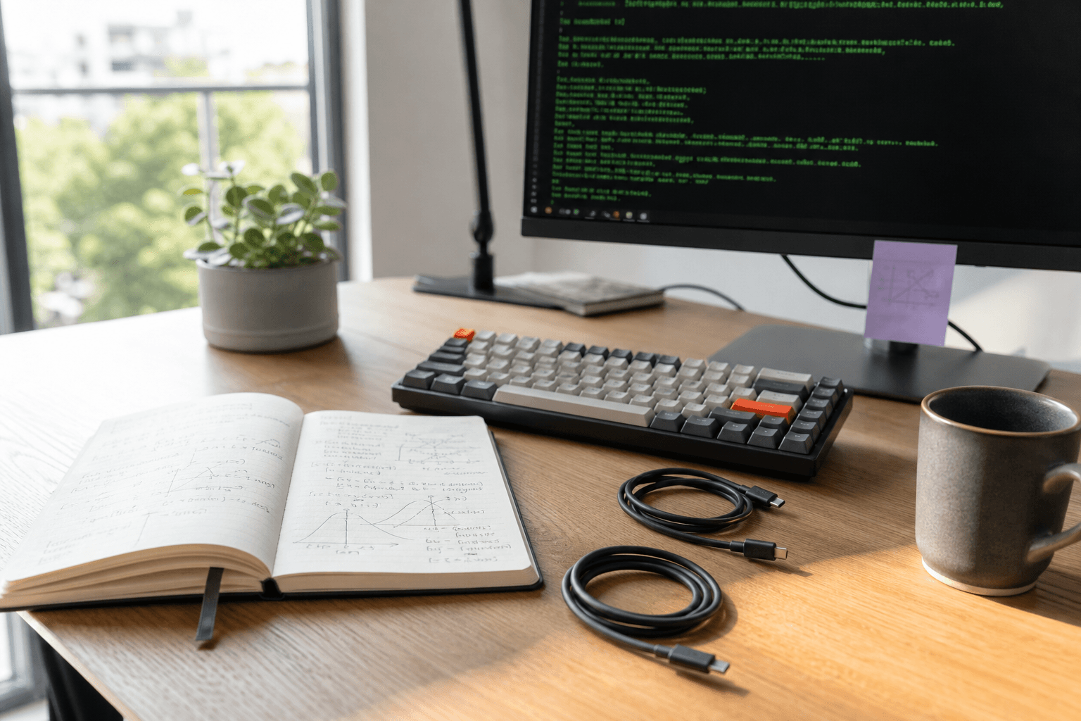 A close detail of a standing desk surface showing an open engineering notebook with hand-sketched probability diagrams, a mechanical keyboard, and coiled cables, lit by broad natural daylight from an office window.