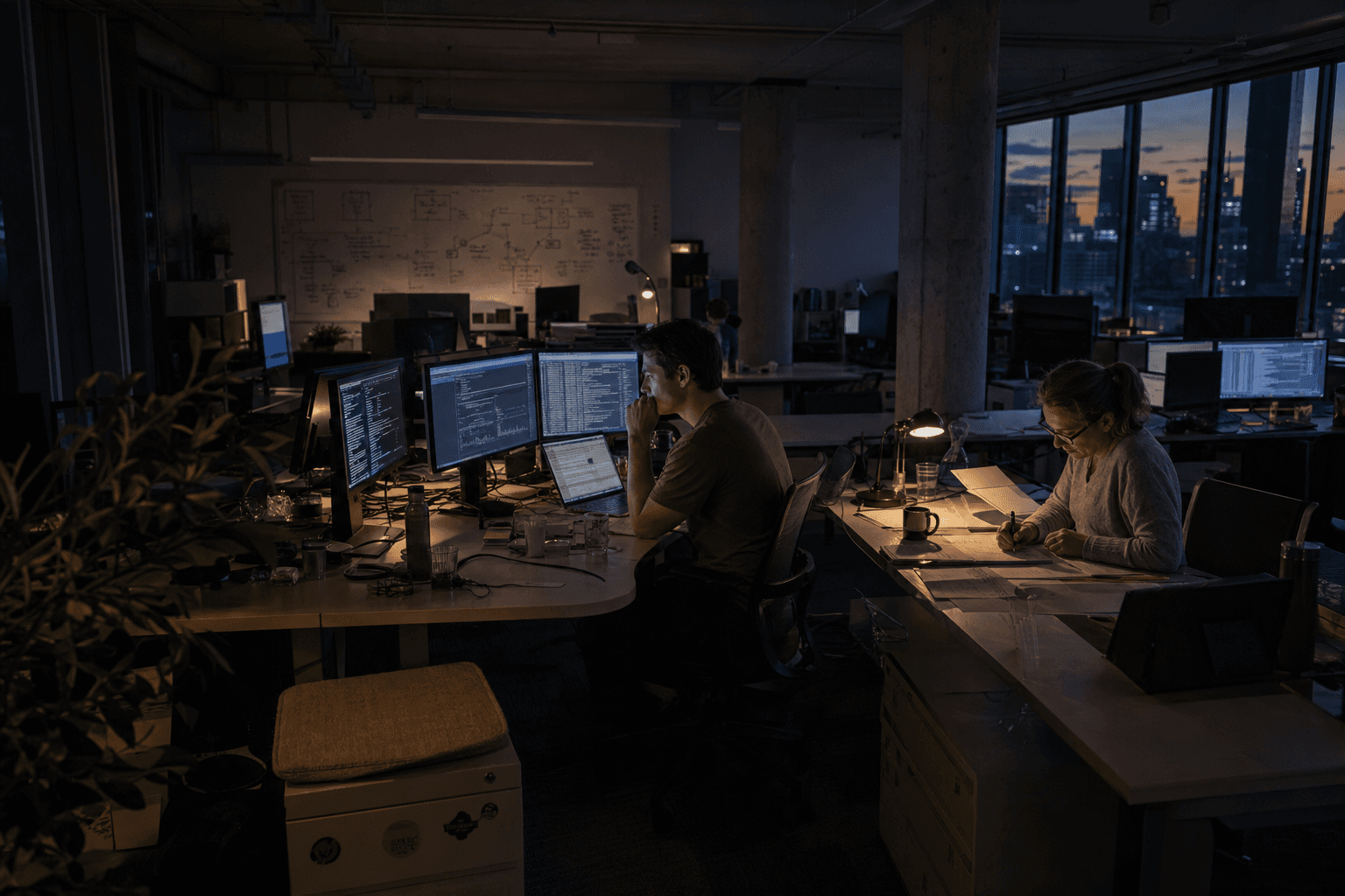Two data engineers work at a long desk cluster in a dimly lit open-plan office at dusk, their faces lit by the glow of multiple monitors displaying log streams and time-series graphs, warm task lamps pooling light on the desk surfaces.