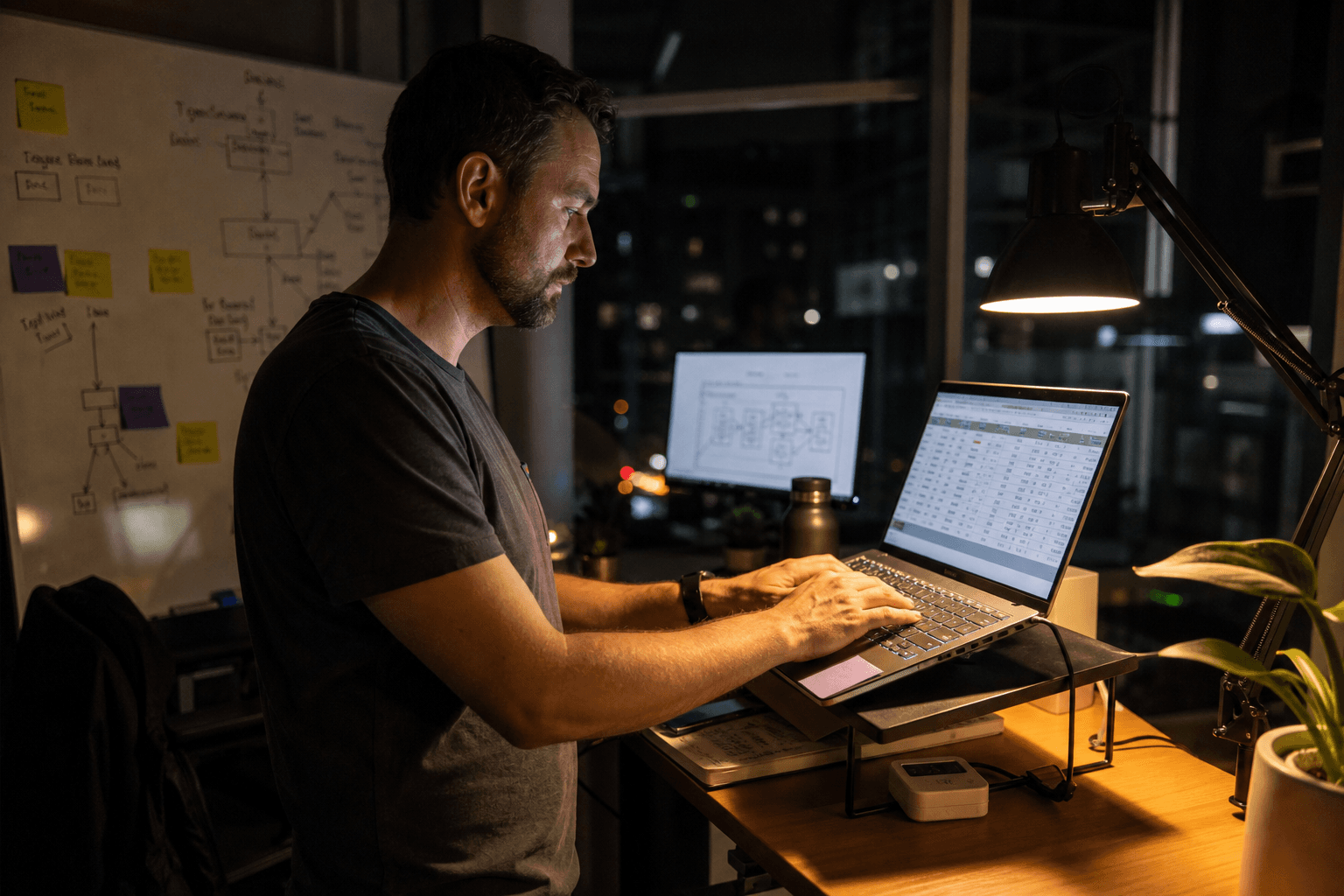 An engineer works alone at a standing desk in a dimly lit office in the evening, illuminated by a warm desk lamp and computer screens, with a whiteboard sketch visible behind them.