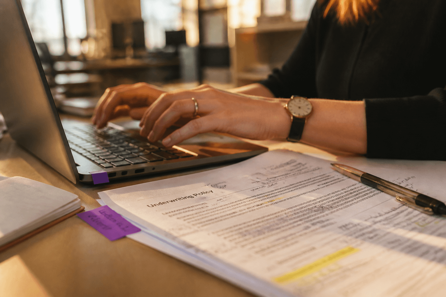 Close-up of hands typing on a laptop keyboard beside a printed policy document with handwritten annotations, lit by warm afternoon light in an office.