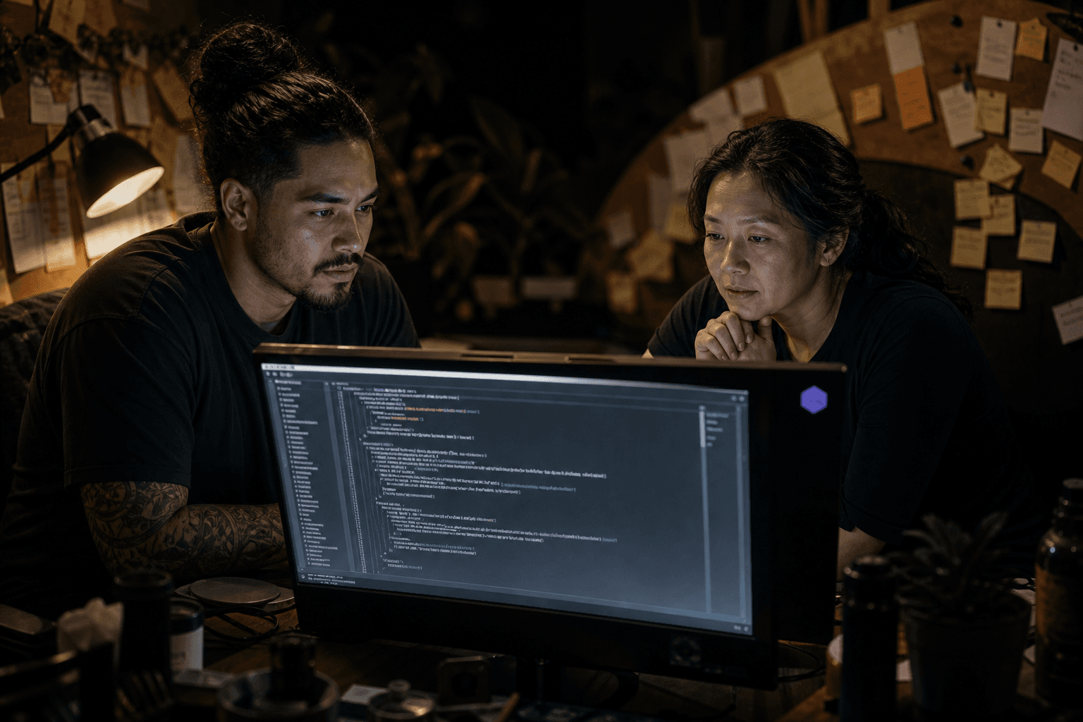 Two engineers lean toward a glowing monitor displaying code in a dark office, their faces lit by screen light, with a violet laptop sticker and purple syntax highlighting as the only colour accents against the deep background.