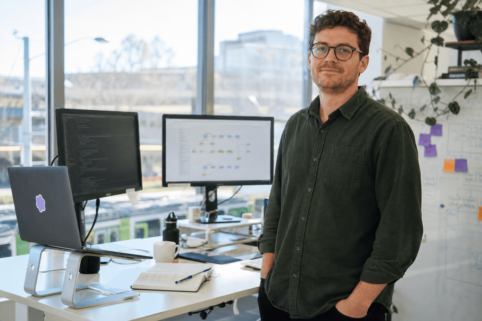 A software engineer stands at a standing desk in a bright, daylight-filled office with dual monitors showing code and a diagram, a laptop with a small sticker nearby.