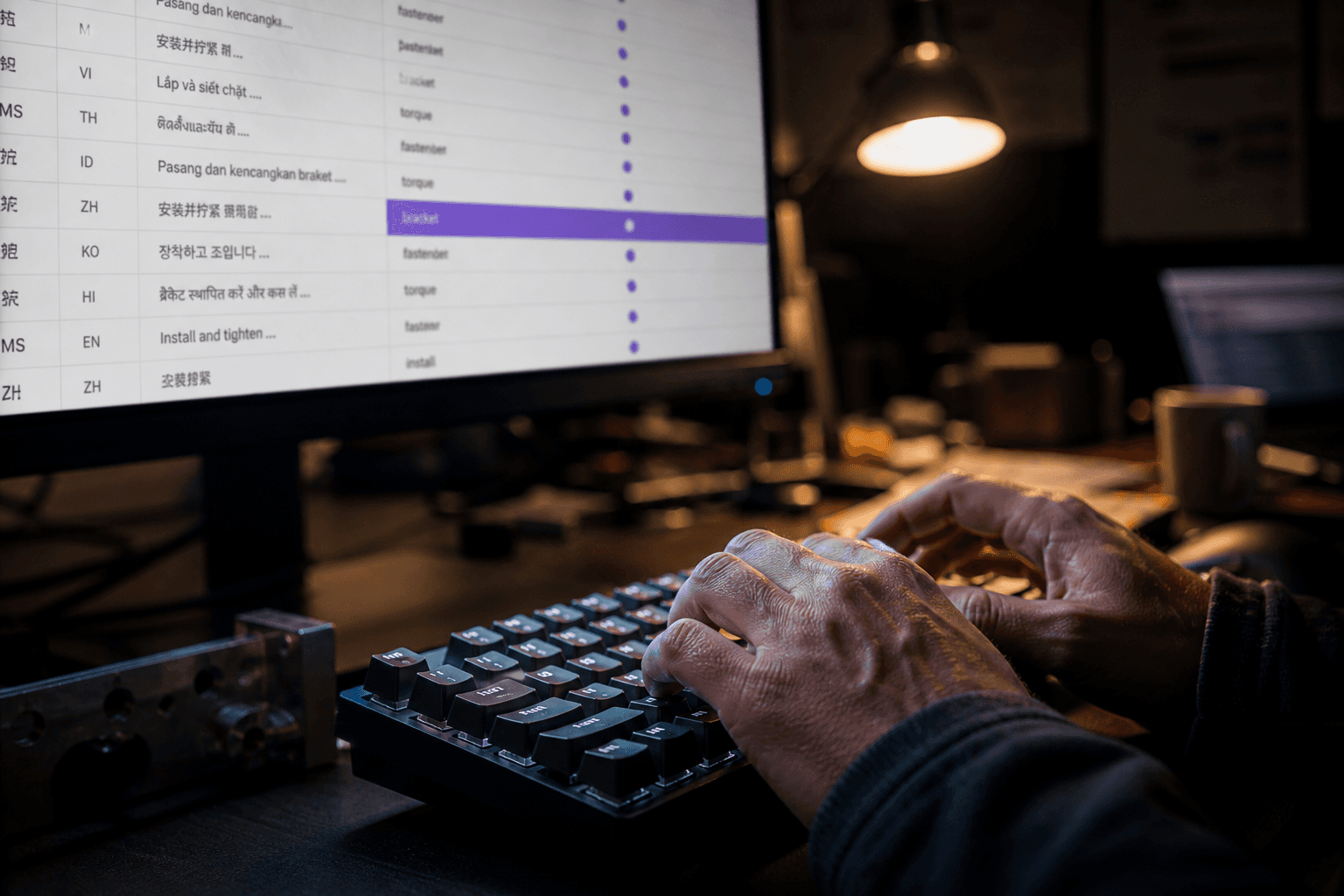 Close-up of hands typing on a keyboard in a dimly lit room, lit by screen glow and a warm desk lamp, with a blurred monitor showing multilingual text in the background.