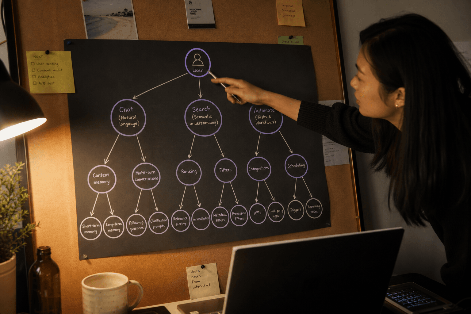 A hierarchical node-and-edge graph sketched on dark paper under warm lamp light, showing a single user icon at the top branching down through levels of AI feature nodes in purple and violet, with a female engineer pointing at the root node in a dimly lit Australian office.