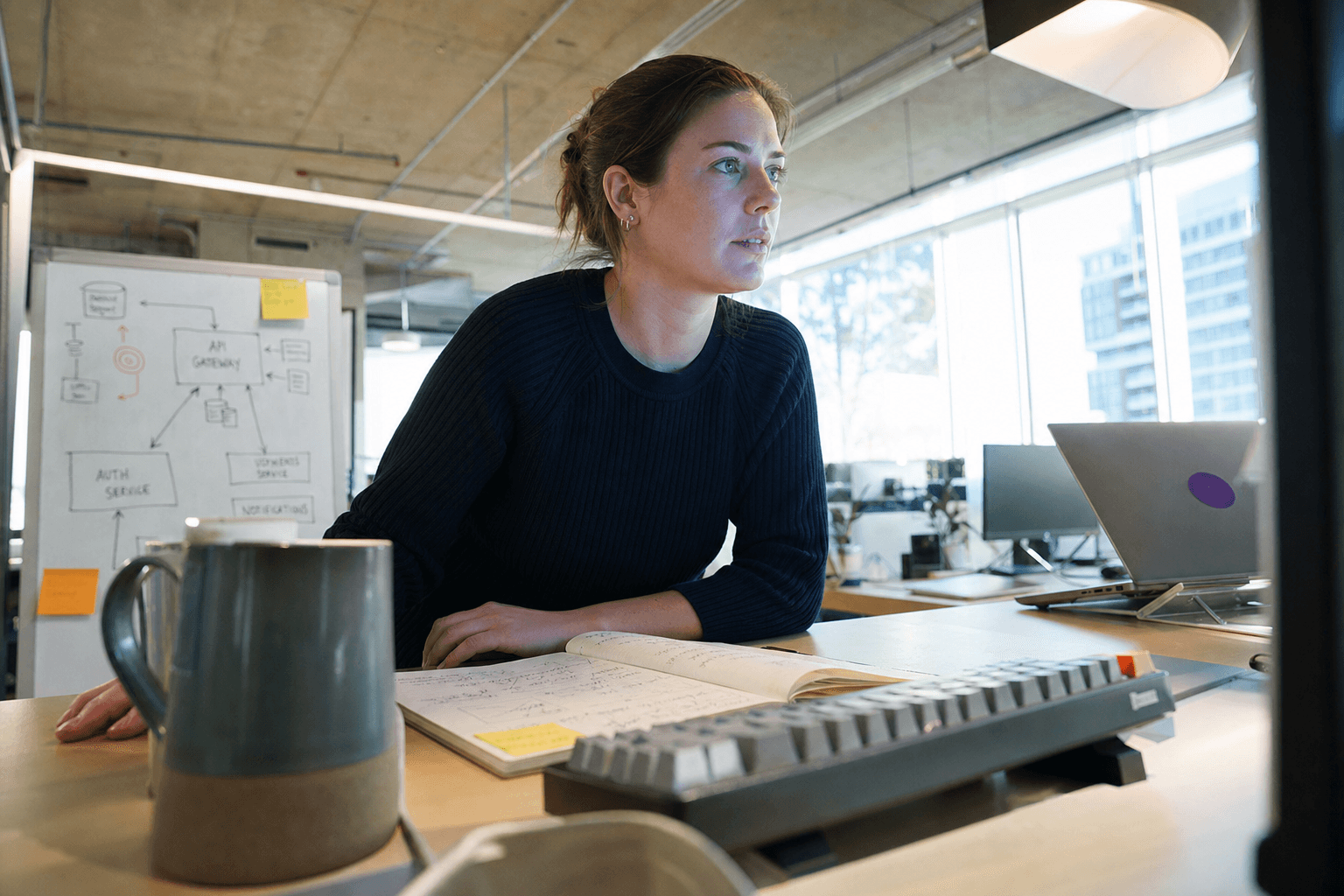Low-angle view from near a desk surface looking up past a keyboard, coffee mug, and open notebook toward a female engineer leaning forward at a standing desk in a bright, daylit Australian open-plan office, screen glow on her face, whiteboard diagrams visible in the background.