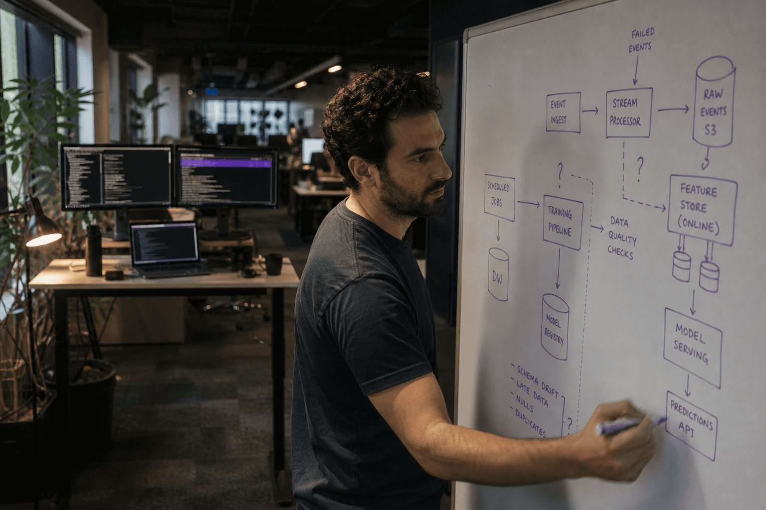 An engineer stands at a whiteboard covered in hand-drawn system architecture diagrams in a darkened open-plan Australian tech office, dual monitors glowing in the mid-ground and the deep background fading into shadow.