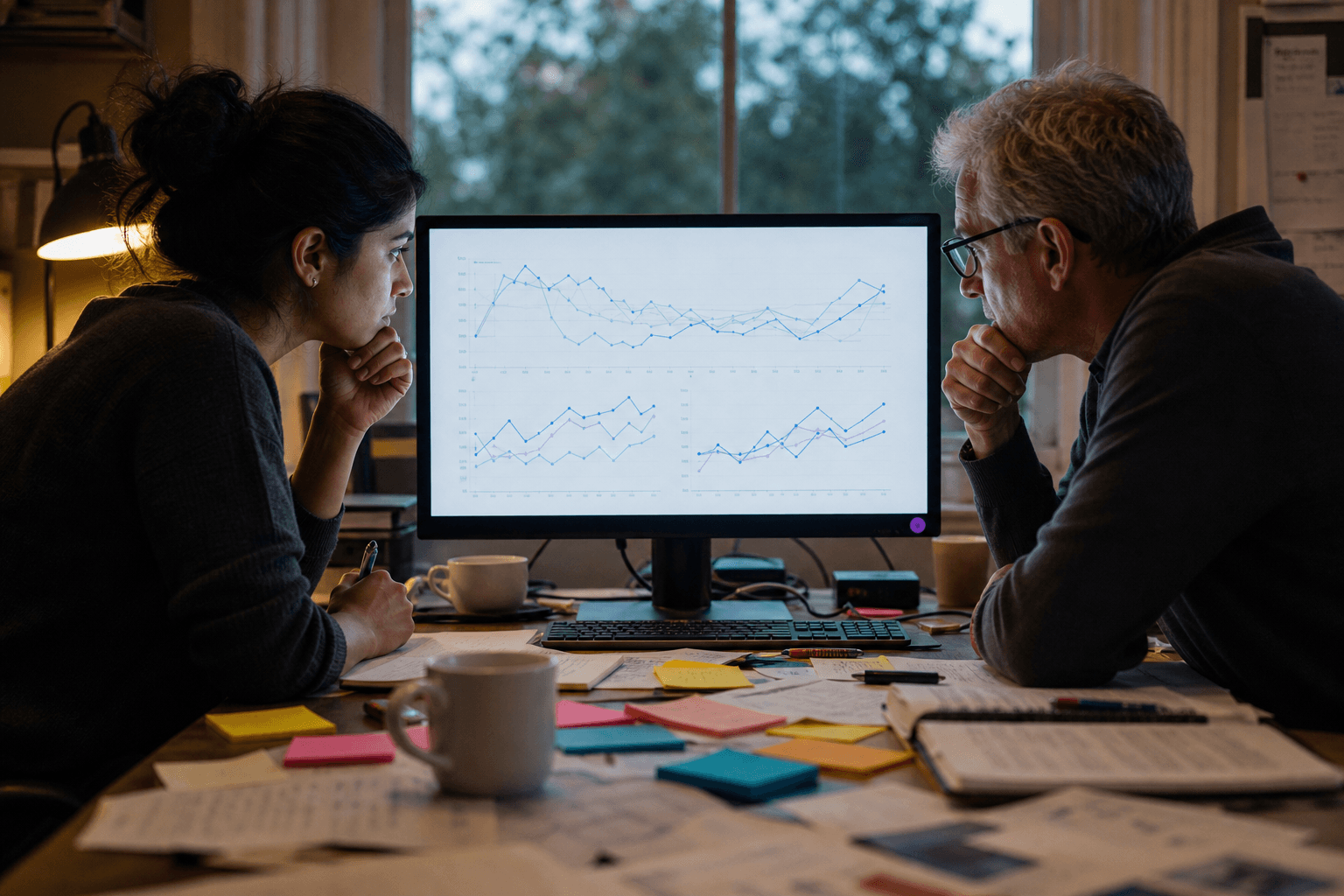 Two engineers lean toward a bright central monitor displaying abstract performance charts in a warmly lit Australian tech office, sticky notes and notebooks fanning outward across the desk around the glowing screen.