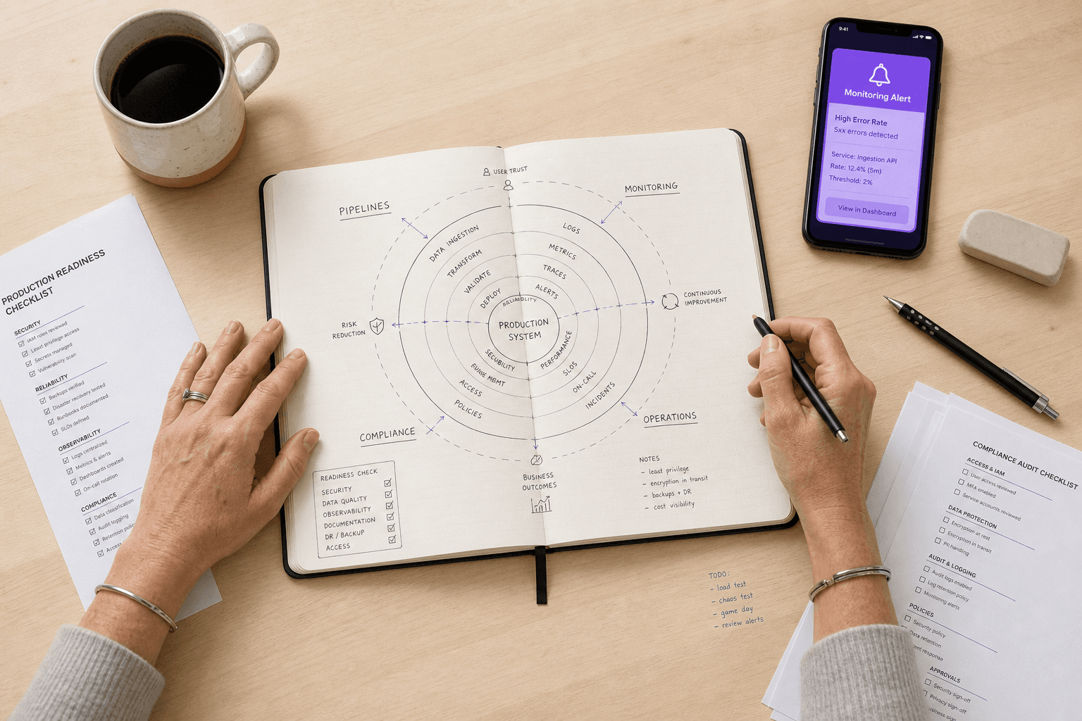 Top-down flat-lay view of a pale timber desk with an open engineering notebook at the centre showing concentric hand-drawn pipeline diagrams, surrounded in a radial arrangement by a coffee mug, a phone displaying a violet monitoring alert, printed compliance checklists, and a mechanical pencil, two female forearms reaching toward the notebook in a candid moment, warm natural daylight.