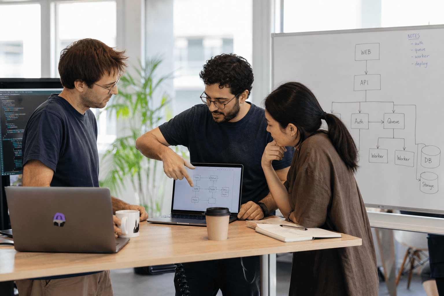Three engineers collaborating around a laptop and whiteboard sketches at a standing desk in a bright, daylight-filled office.