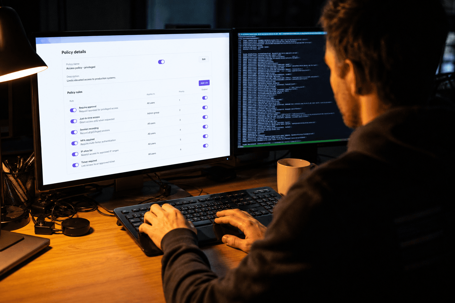 Over-the-shoulder view of an engineer at a dimly lit desk working on dual monitors showing a policy configuration screen and a terminal window, lit by screen glow and a warm desk lamp.