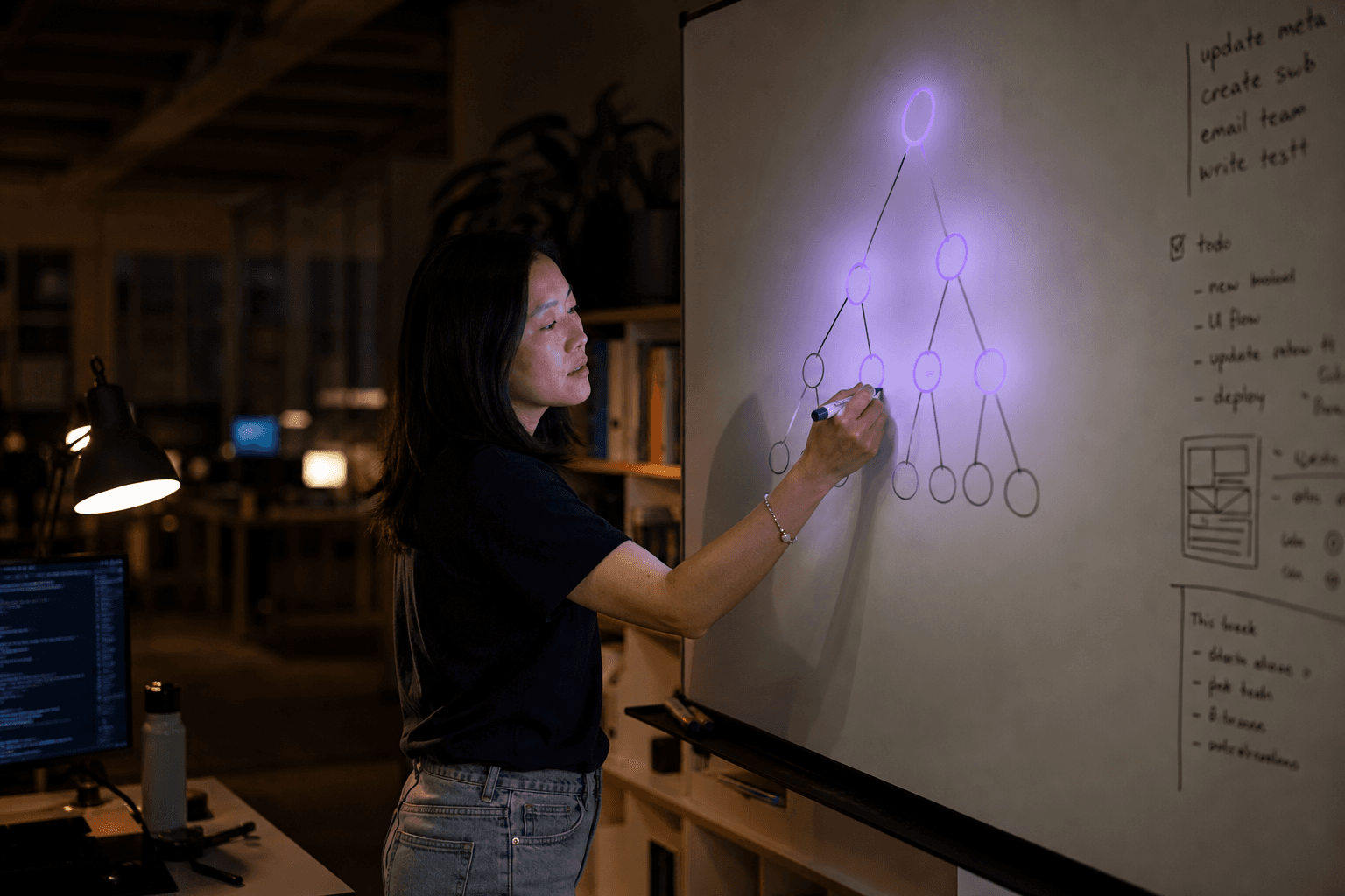 A female engineer draws a hierarchical node-and-edge diagram on a large whiteboard in a dimly lit Australian open-plan office, with violet-accented nodes highlighted under warm lamp light and a terminal monitor glowing in the background.