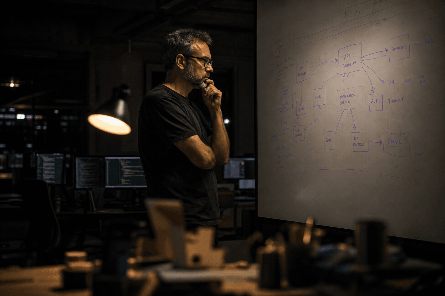 A developer studies hand-drawn architecture diagrams on a whiteboard in a darkened Australian office at night, violet marker lines glowing against the dark background, stacked planes of shadowed desks and monitors receding behind them.