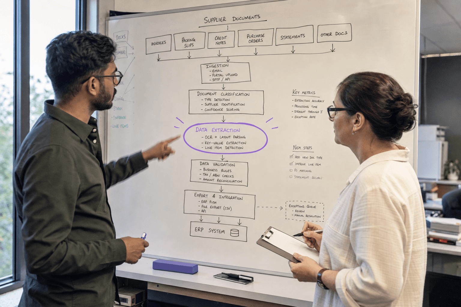 Two engineers stand at a whiteboard in a daylit Australian office, studying a hand-drawn node-and-edge flow diagram of a document processing hierarchy, with one pointing at the central processing node circled in purple marker.