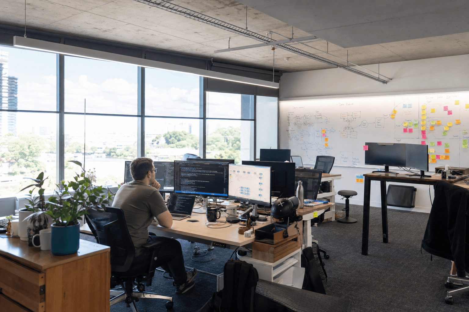 A wide shot of an open-plan Australian tech office flooded with bright natural daylight, a software architect seated at a multi-monitor workstation in the foreground appearing small within the large workspace, whiteboards covered in flow diagrams and sticky notes visible along the far wall.